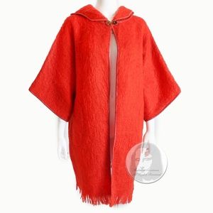 Bonnie Cashin for Sills Coat Kimono Sleeve Mohair Wool Hooded Leather Trim 60s